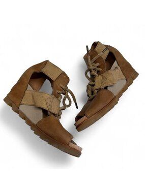 Sorel Joanie II Leather Canvas Wedge Peep Toe Sandals Women 7.5 Lagenlook Summer